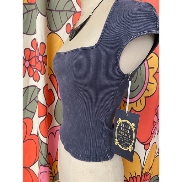 vintage y2k ribbed gray crop top low cut cap sleeve fitted cropped acid wash s - Picture 5 of 7